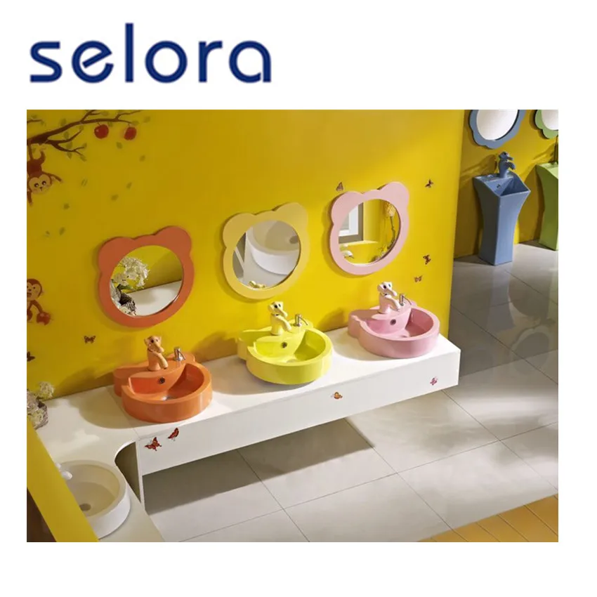 specially designed bright color child size bathroom artificial stone basin with mirror