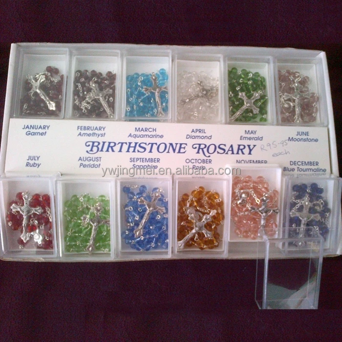 The 12 Month and 12 Colors Birthstones Beads Catholic Crucifixes  Rosary Necklace for Gift