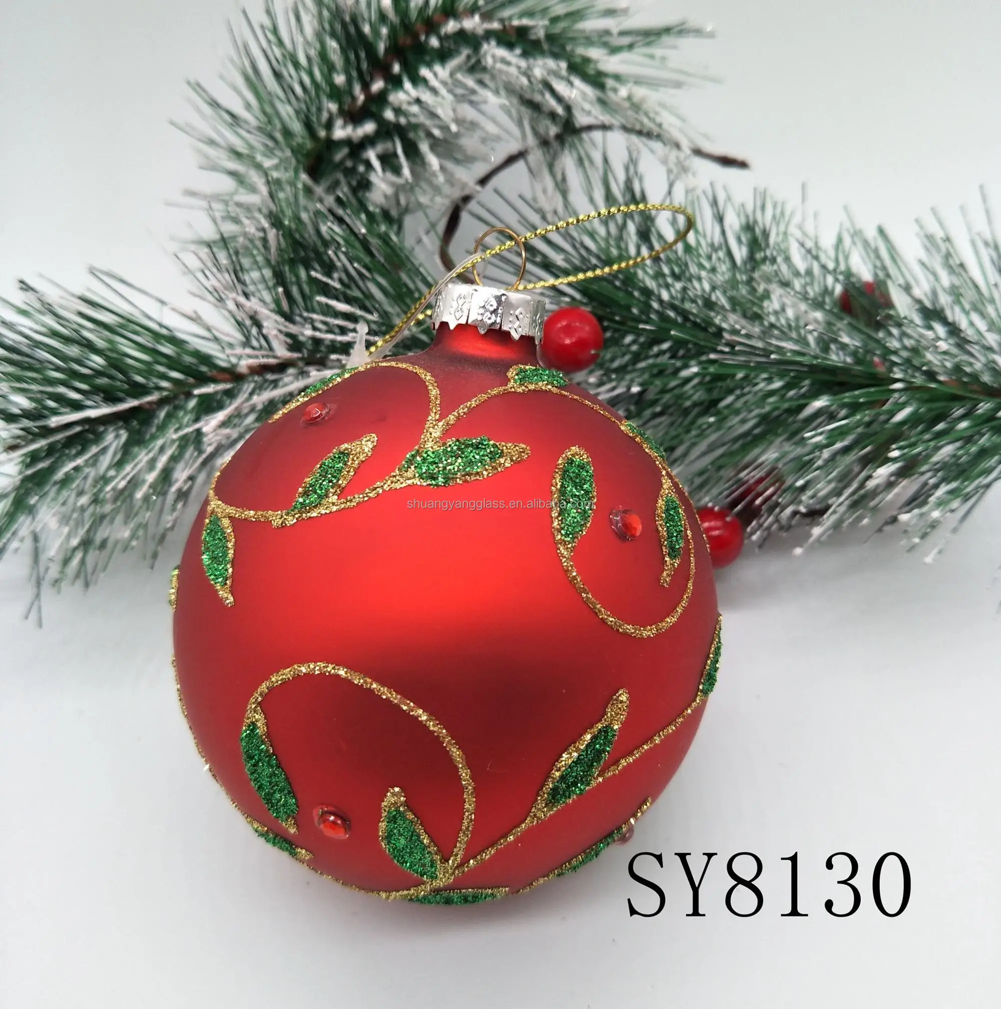 Christmas tree hanging decoration classic red hand-painted green leaf pattern glass balls