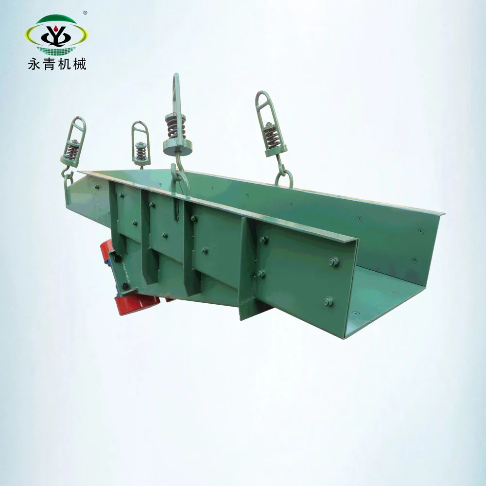 Vibrating feeder conveyor with vibration motors for grain processing