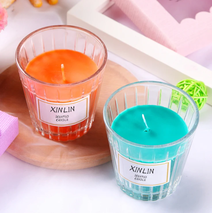 High Quality Decorative Vertical Stripe Colorful Glass Jar Aromatherapy Candle Private Label Scented Soy Wax Candle