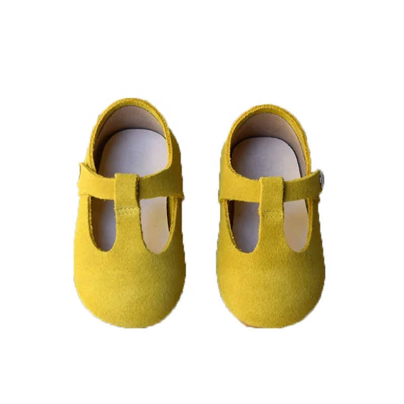 Mustard suede stud fasten t-bar kids baby boy crochet shoes moccasins