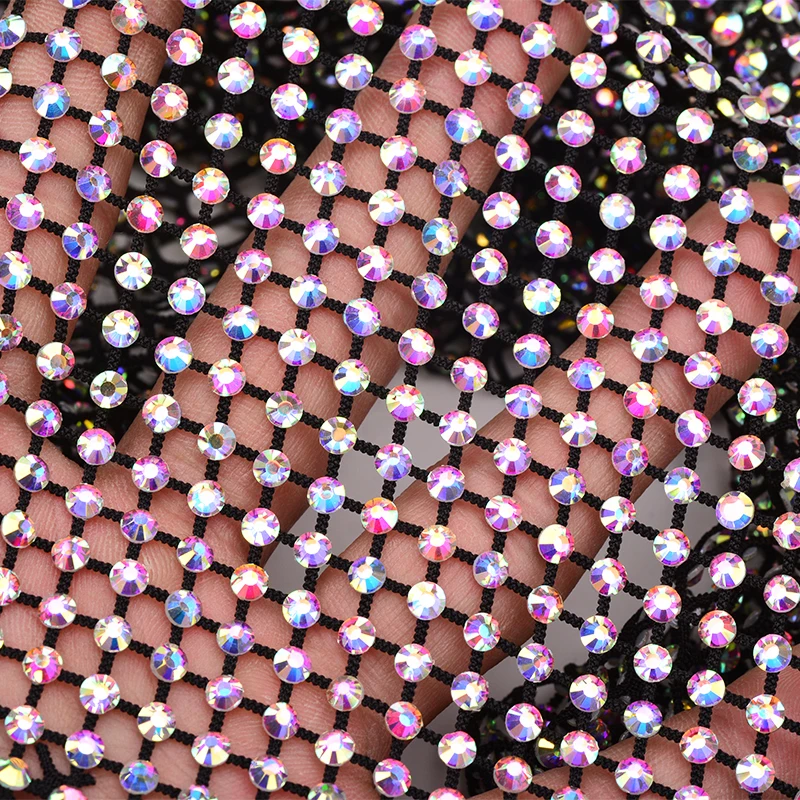 1 X1.5 Meter SS12 SS16 Strass Applique Stretch Crystal Mesh Trim Glitter AB Glass Rhinestone Fabric for Clothes Crafts
