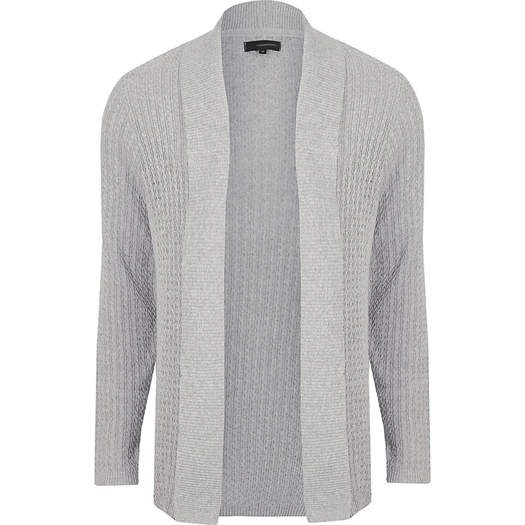 Fine Gray Color Cable Knit Open Front Cardigan Men