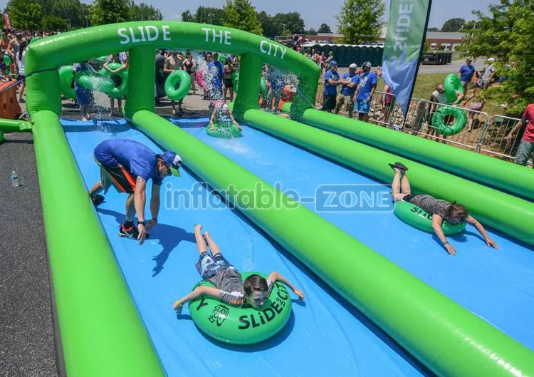 Flat floor city slide Inflatable long water slide with swim ring slip