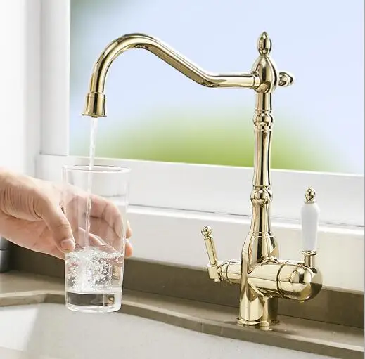 European Style Double Handle Brass Gold Kitchen Faucet