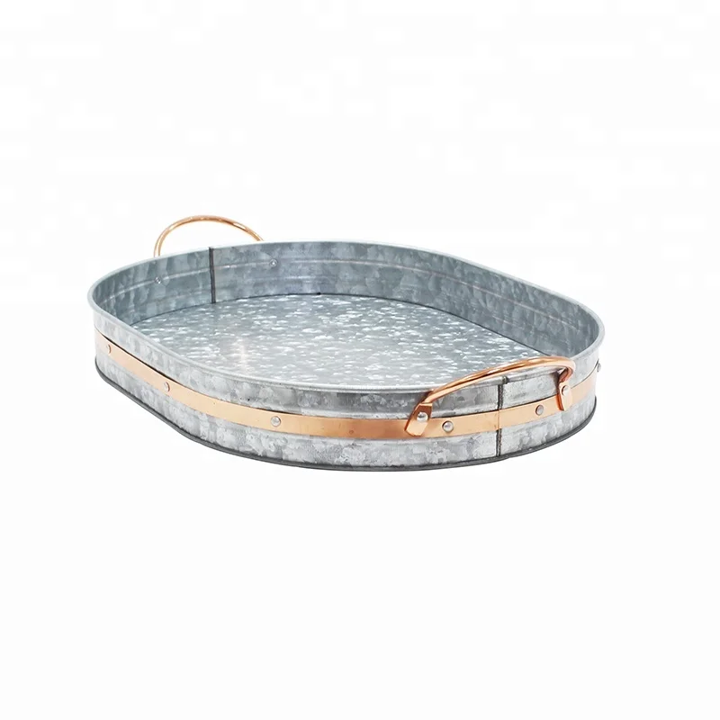 Factory wholesale oval galvanized tray with copper decor