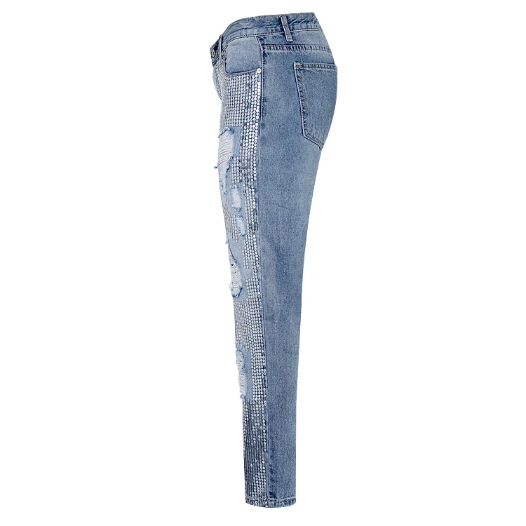 High Quality Washed Holes Jeans Embroidered Beads womens jeans