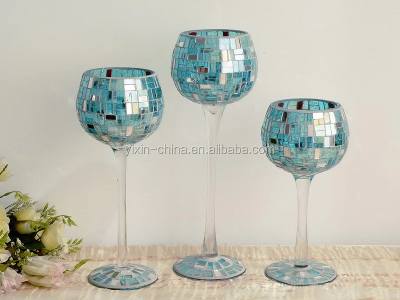Silvery goblet mosaic glass votive wedding candle holder