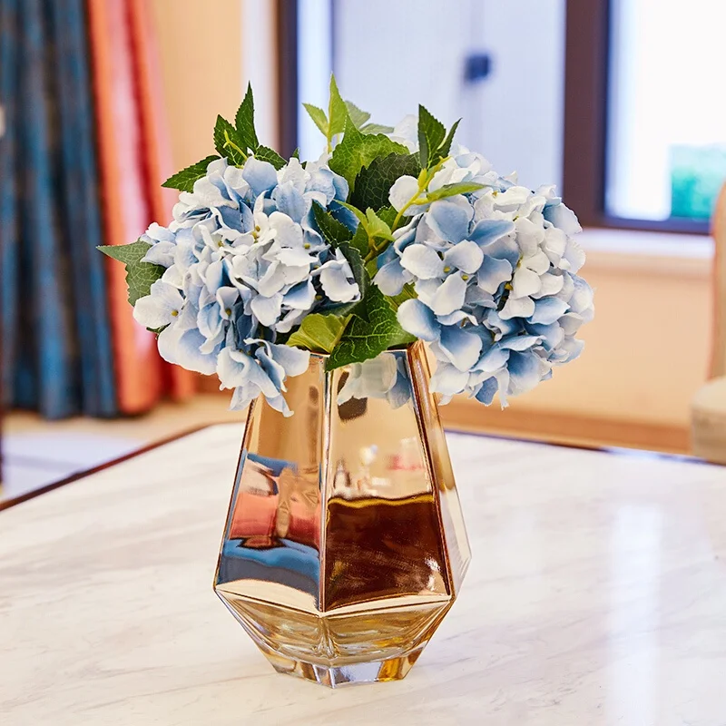  Цветные металлические геометрические граненые золотые стеклянные вазы для свадебных центров