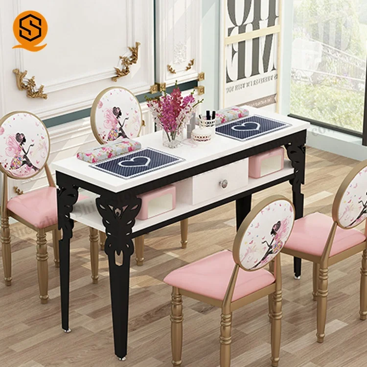 custom luxury white solid surface rectangle pink marble top salon manicure nail tables