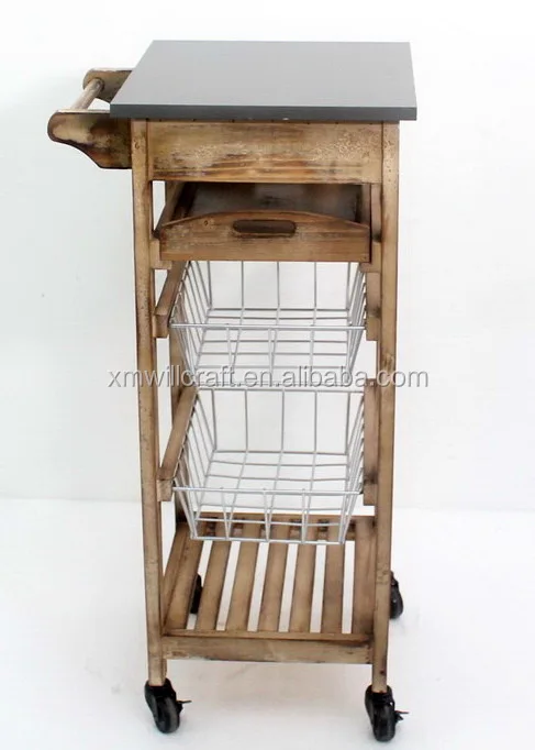 
kitchen wooden trolley with basket and tray 3 drawers Food Trolley Cart 