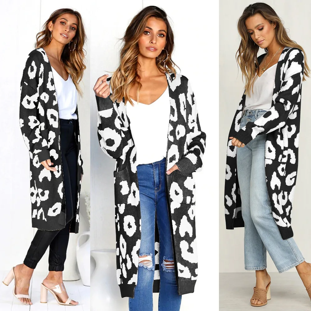 Women autumn leopard knitted long cardigan long sleeve sweater overcoat for female 2022 autumn new outerwear coats