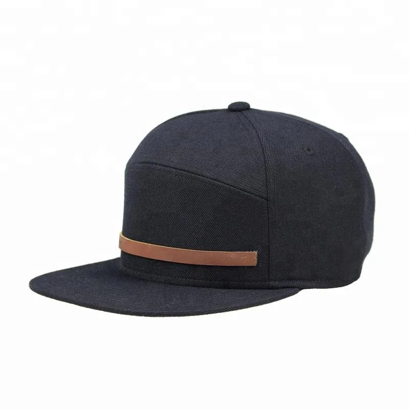 Custom Wool Strapback Black Black 7 Panel Hat Snapback Cap