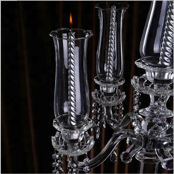 Высококачественный недорогой хрустальный канделябр на 5 рук для свадебного декора стола, оптовая продажа, стеклянный подсвечник с ураганом, распродажа