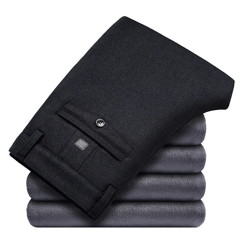 Trousers Male Winter Wear Plus Velvet Thickened Father Warm Trousers Loose High Waist Solid Color Elastic Waist Pants