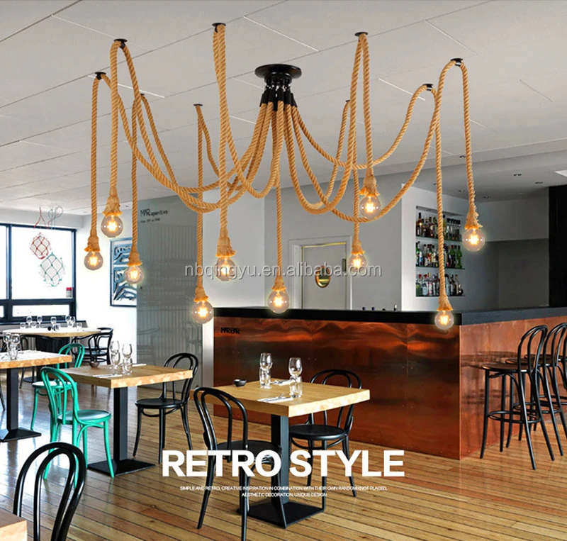 Vintage Hemp Rope Chandelier Antique Classic Adjustable DIY Hanging Spider Lamp Light for Indoor Home