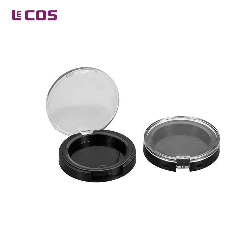 plastic cosmetic compact case with hinged clear lid for blush