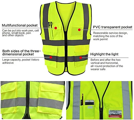 Safety Vest High Reflective with 4 Pockets and Heavy-duty Zipper Front