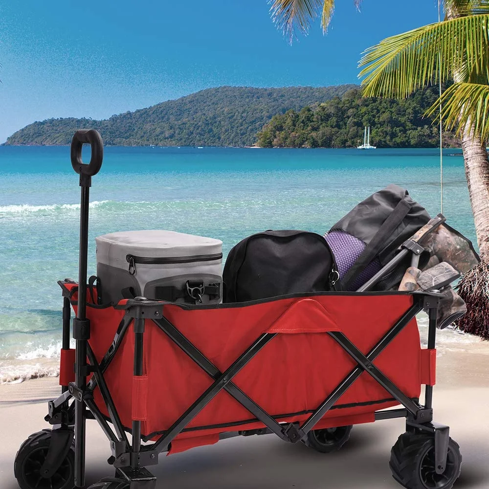 Folding Wagon Cart Heavy Duty Collapsible Utility Wagon All Terrain Outdoor Patio Garden Beach Wagon Cart red