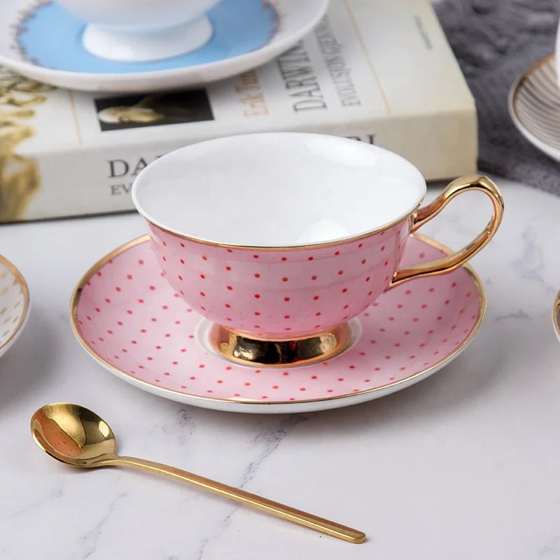 New Design Gold Plate Handle pink ceramic Tea  cup and saucer