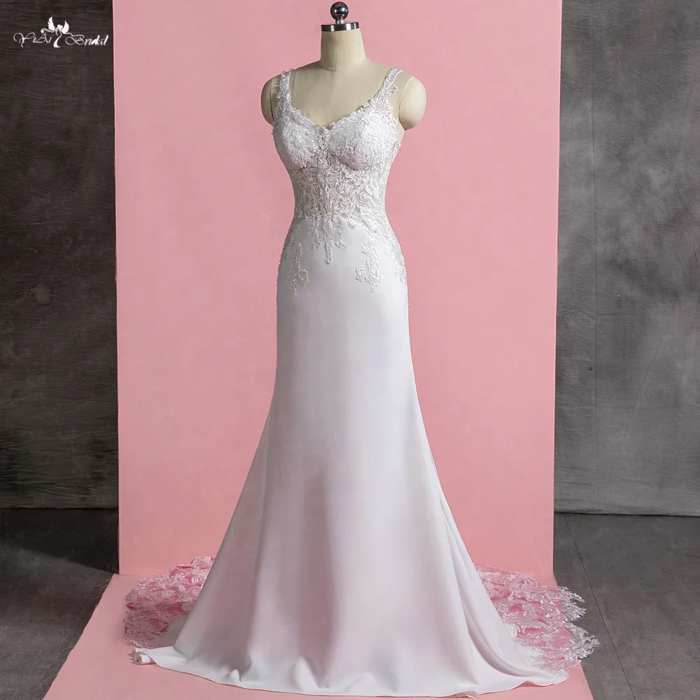 LZ280 Ivory Appliques Cut-out Train Beaded Mermaid Wedding Dress See Through Corset Sexy Beach Dress