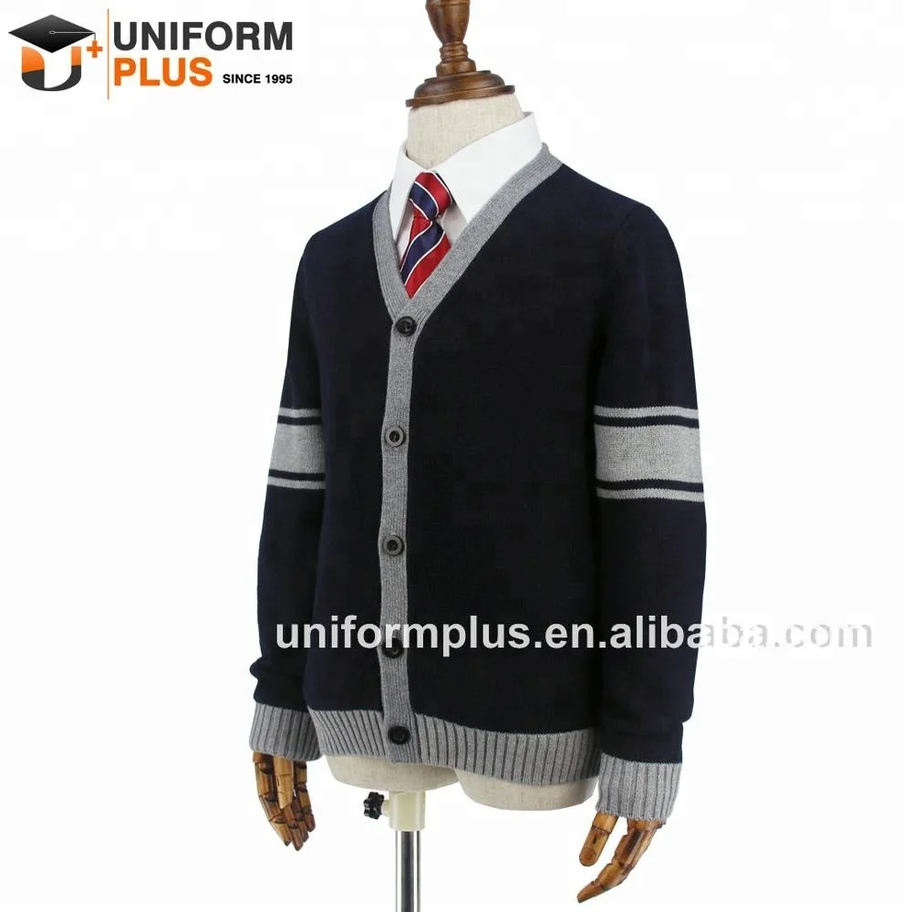 Custom made cotton children navy blue school clothes uniform cardigan sweater for boys and girls