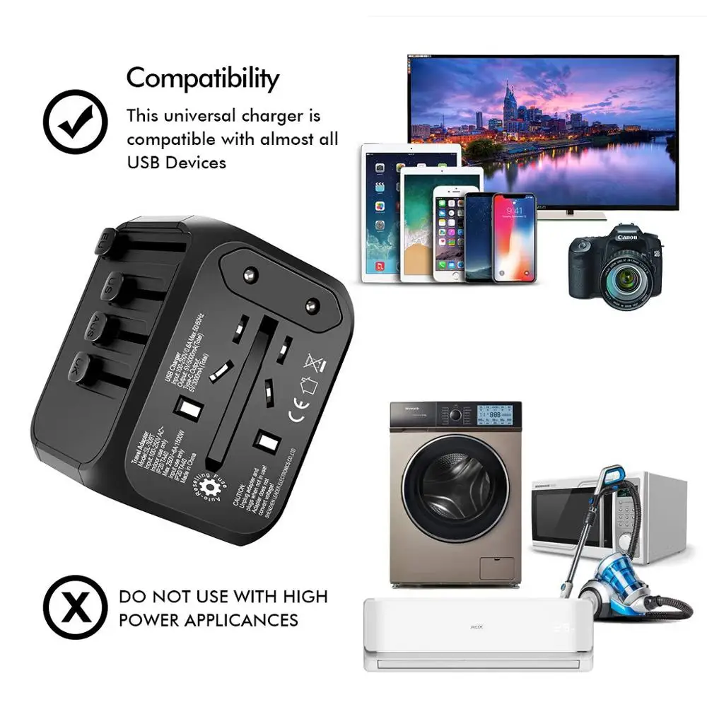 
Licheers Universal Travel Adapter USB Type-c Wall Charger Us Eu Uk Australia with Dual Fuse 5A Smart Power USB and 3.0A Black 