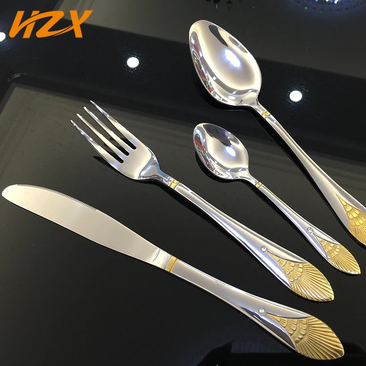 Popular reusable wedding  gold cutlery set knife spoon fork flatware set juego de cubiertos con filo dorado gold plated cutlery