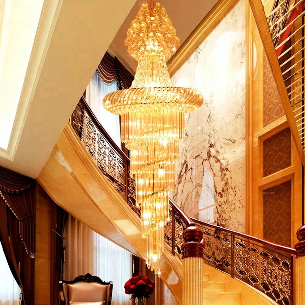 Energy Saving Light Source and Gold Empire Long Crystal Chandelier Stair Light For Villas Hotel Lobby Lighting