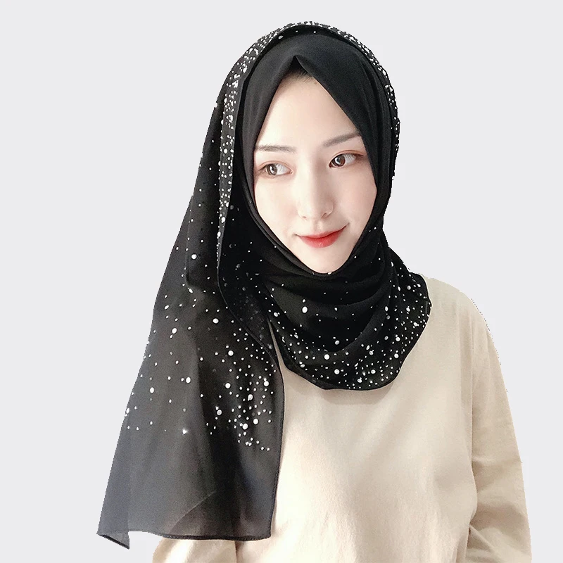Factory Sale Plain Chiffon With Gold Beads Women Glitter Scarf Luxury Diamond Scarves Hijab