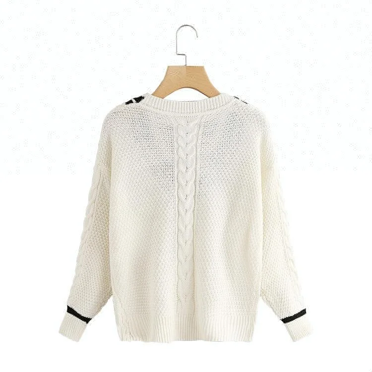 
New Design V Neckline Striped Trim Knit Women Cricket Sweater 