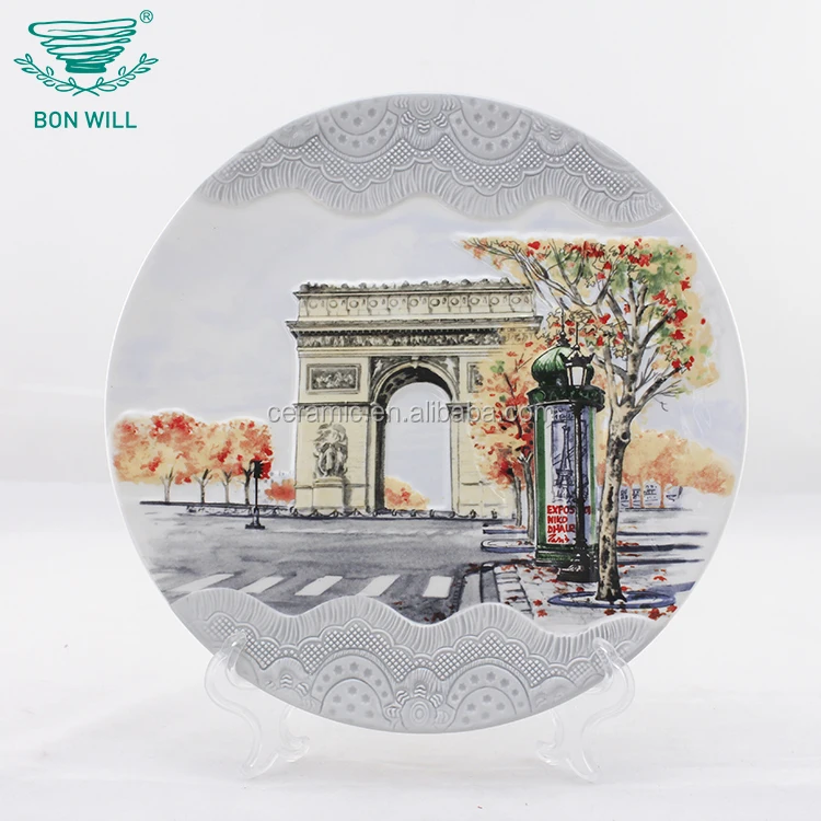 Round shape hand painted embossed decal ceramic souvenir plate of Paris