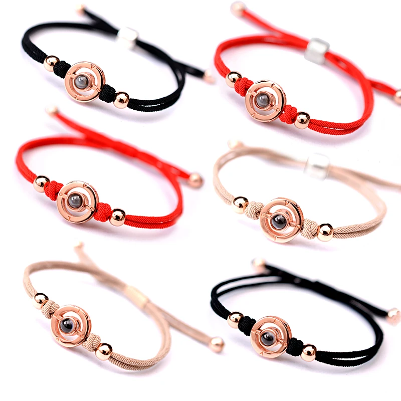 
LONGJIE factory direct wholesale 100 languages of I love you 925 silver bangle rose gold unisex couples handmade rope bracelet 