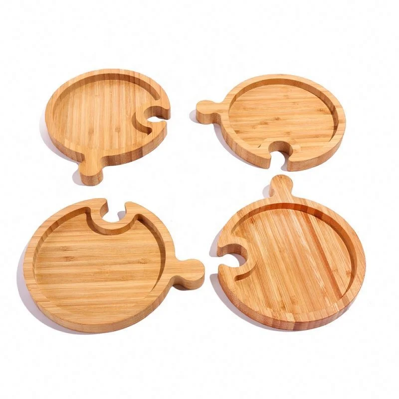 
New design Bamboo Party Food Serving Tray with Wine Glass Holder,sectional food tray Bamboo Curved Puzzle Platter 