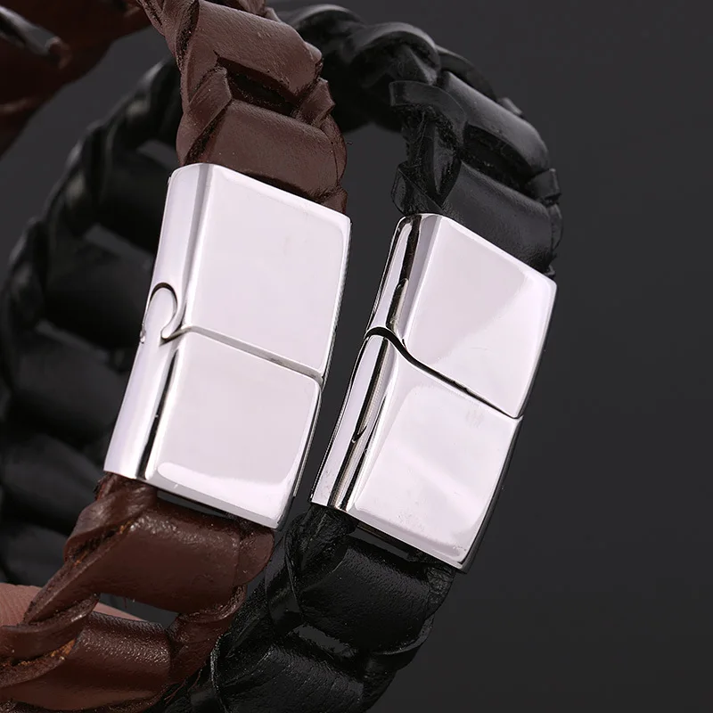 Punk Genuine Leather Braided Bracelet With Stainless Steel Magnetic Clasp For Men (Color : Black/Brown)