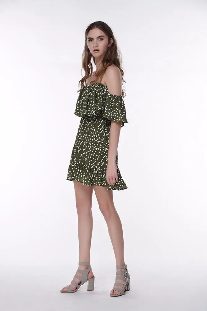 
New Arrival Women Dot Printing Chiffon Summer Dress Sexy Off Shoulder Ruffles Short Mini Dress Beach Party Cocktail Clothes 