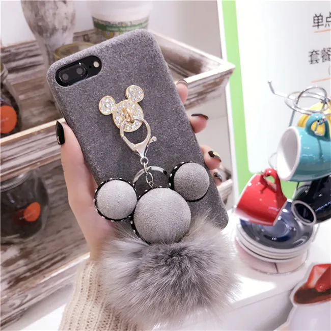 Luxury Diamond Plush Cartoon Mouse Rabbit Fur Ball Tassel Soft Tpu Case with Lanyard for Iphone7/7plus/6/6plus