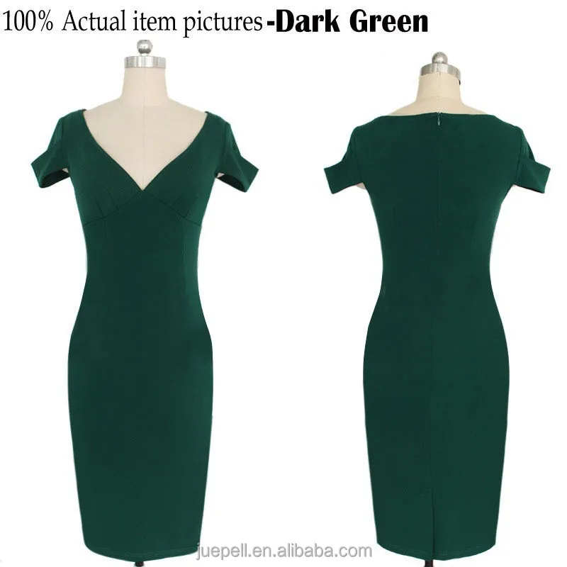 
OEM business casual dark green v-neck cap sleeve sheath pencil dress for women and ladies 