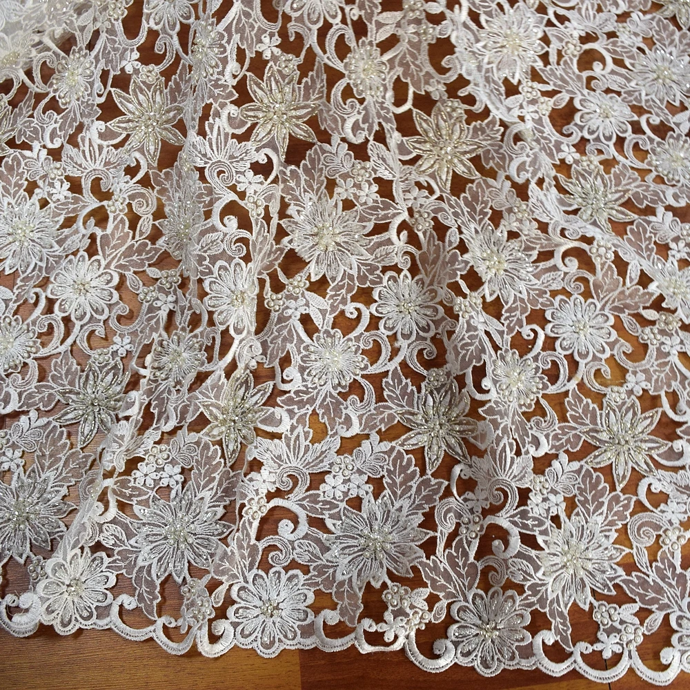 New design french white organza hand cut 3d sequin lace fabric beads bridal with pearls for wedding lace dress fabric HY0844-3