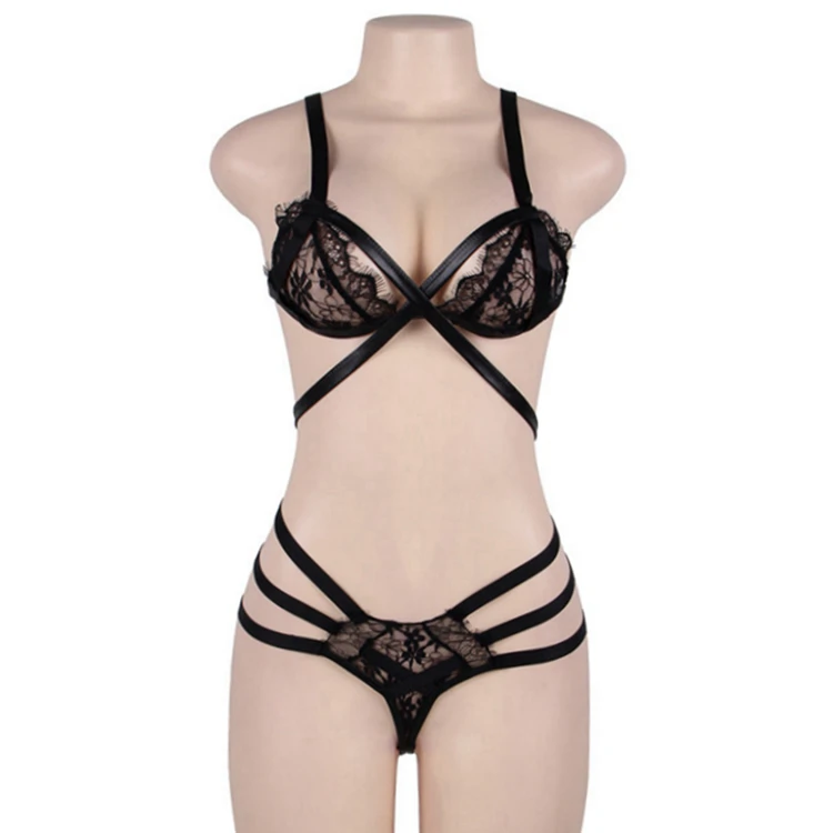 Private Label Sexy Women Leather Lace Erotic Lingerie Bra and Panty Sets