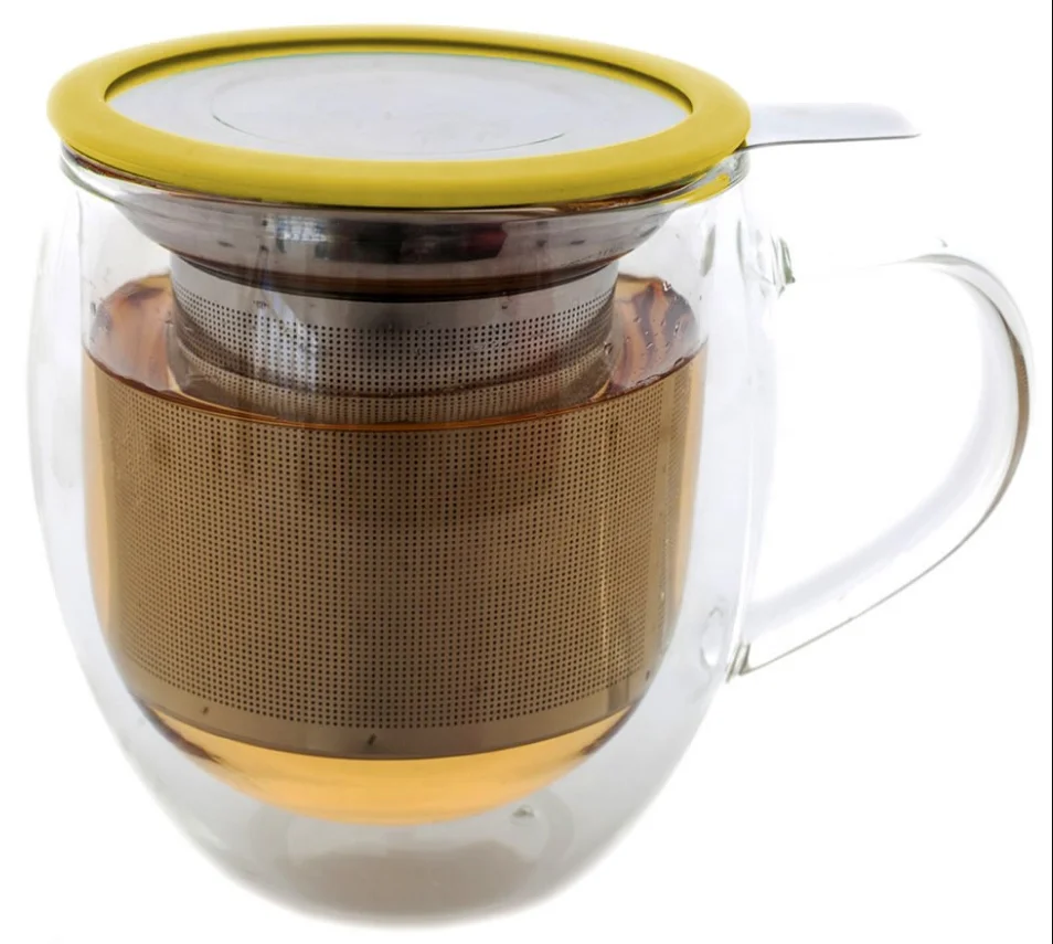 wholesale clear office use double wall with handle handmade glass tea filter mug