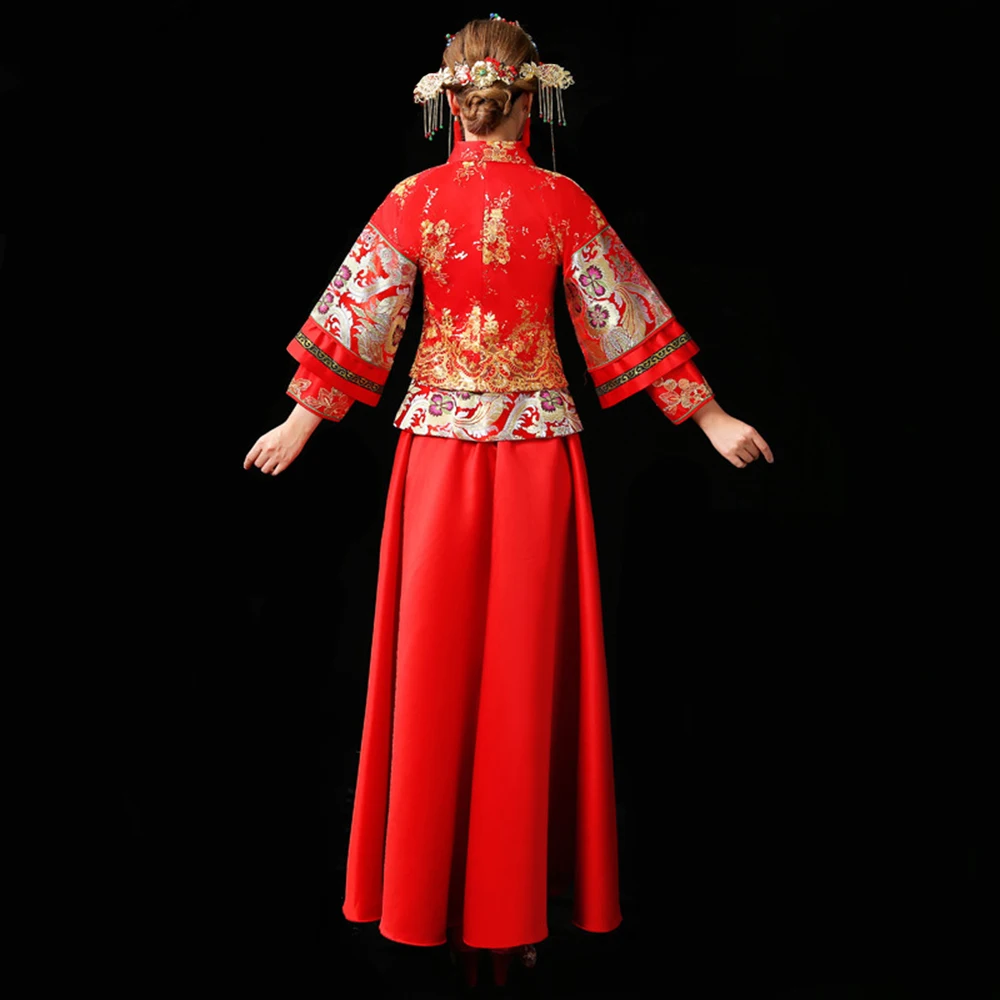 High quality red chinese custom made long sleeve traditional embroidered wedding dress