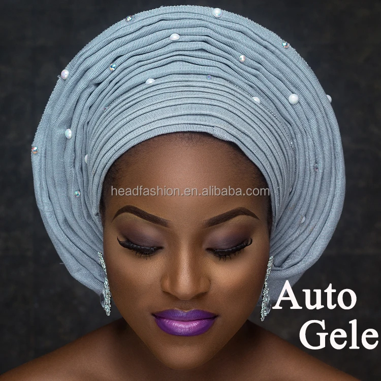 Queency African Fabric New Fashion Beaded Aso Oke Turbans Headtie  Ready To Wear Multi Pleat Round Auto Gele