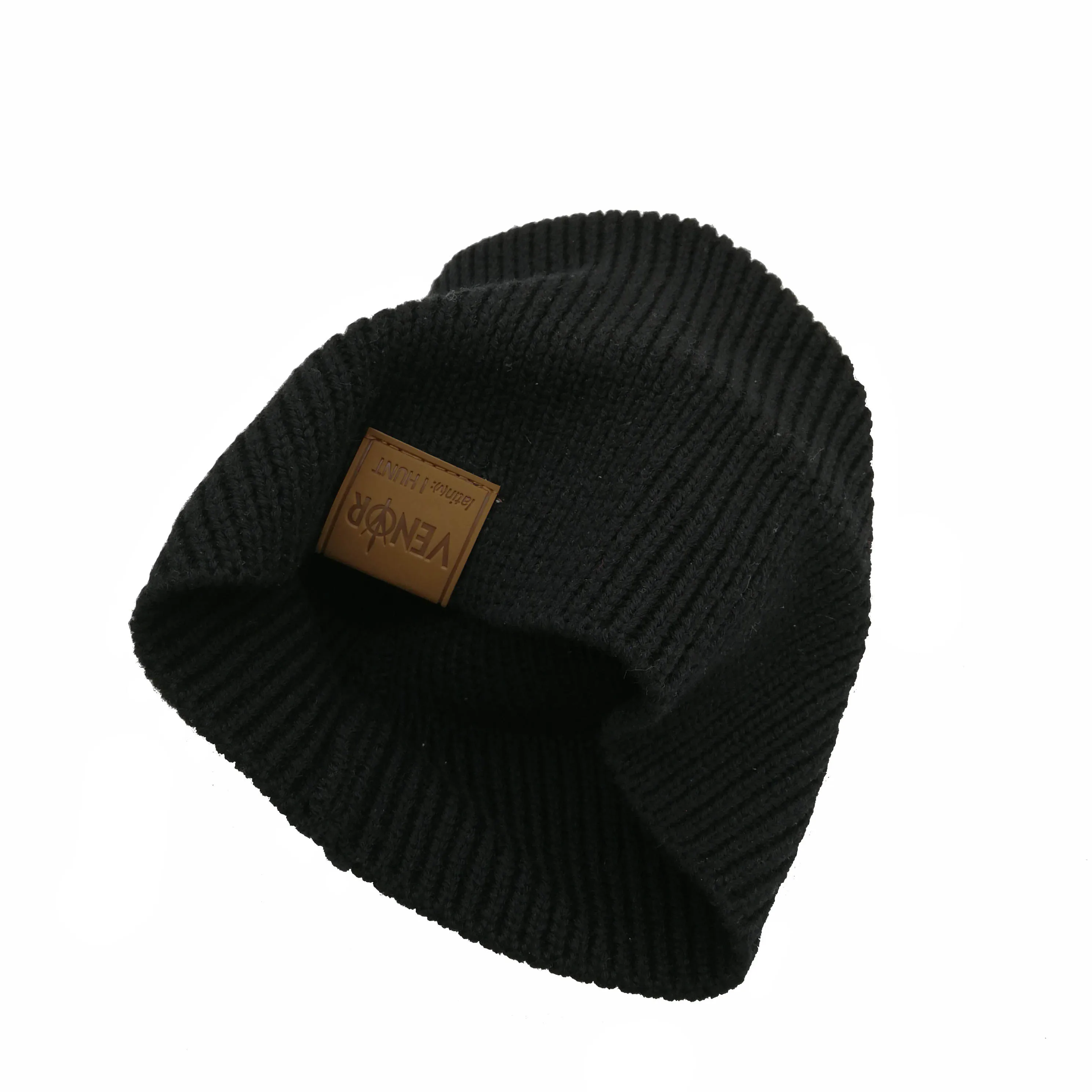 Black Wool Blend Soft Fisherman Slouchy Custom Knitted Ribbed Beanie With Leather Label