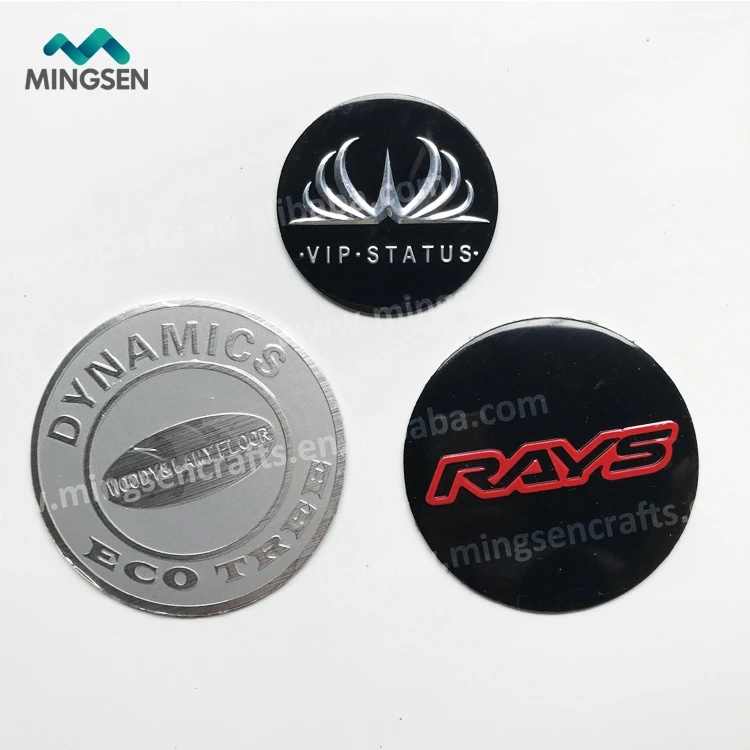 custom adhesive backing round shape raised logo tag metal