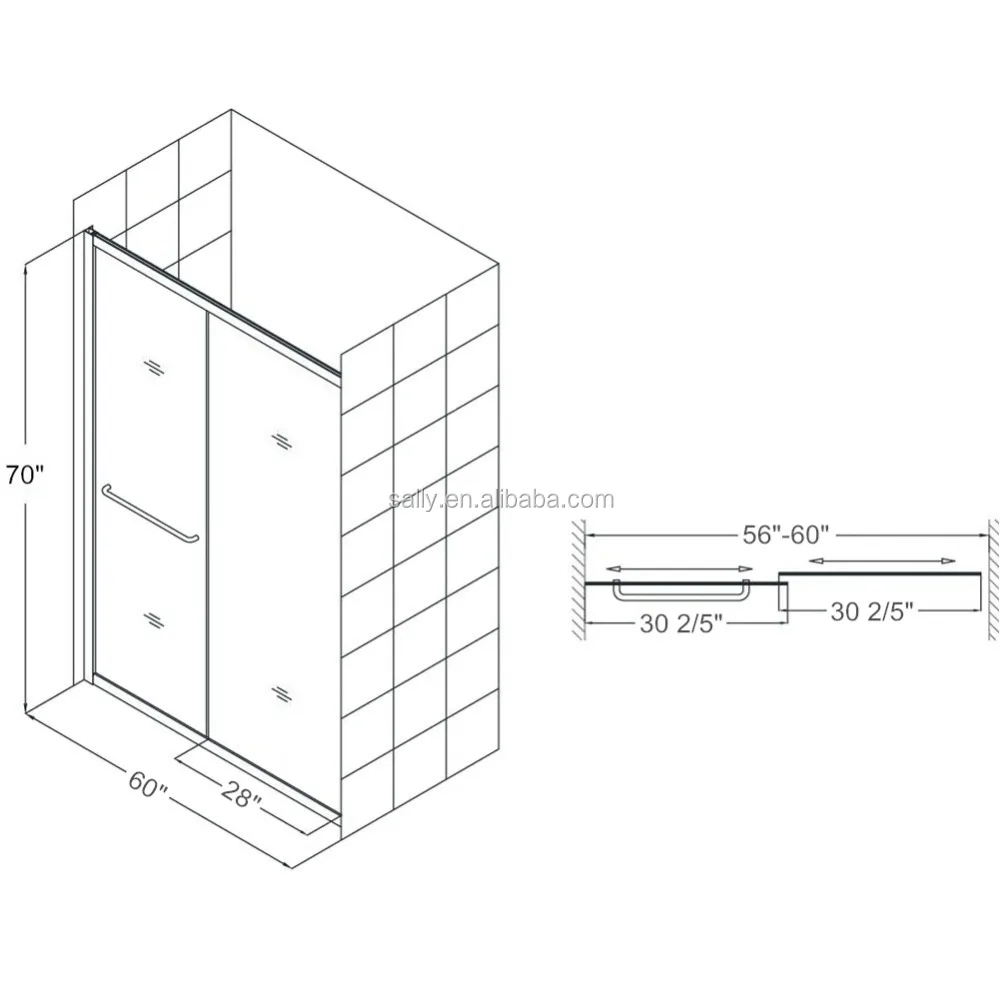 Bathroom Brushed Nickel Finish shower frameless Bypass Sliding Tub Door Clear 5/16 in. Glass Door