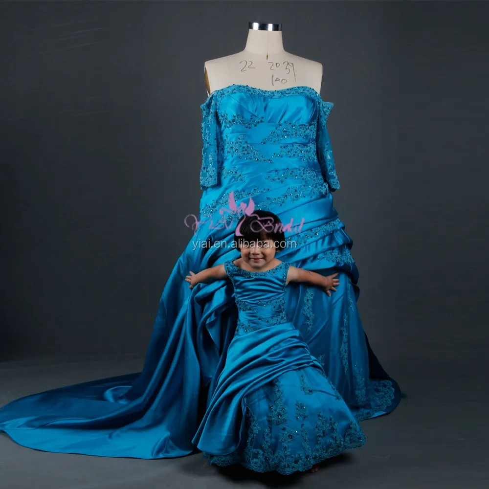 RSW766 Off The Shoulder Long Lace Sleeved Pleated Satin Plus Size Royal Blue Wedding Dresses For Big Women And Baby Girl