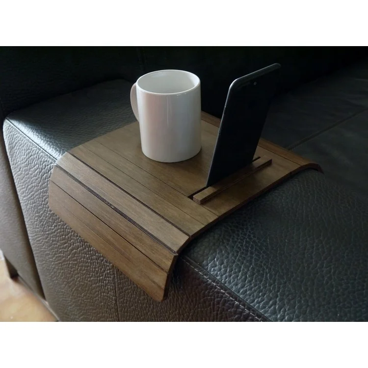 
Amazon 2021 Bamboo Wooden Couch Armrest Tray TV Side Table Sofa Arm Rest Coffee Table Tray with Phone Holder Stand 
