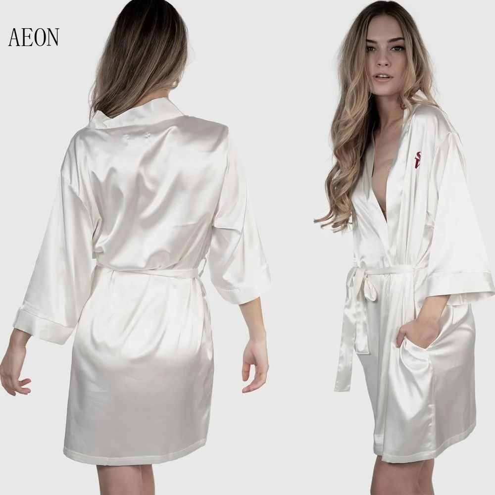 
Women personalized soft satin robe with logos short Solid silk night sleeping robe 